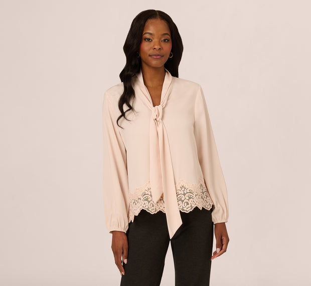 Aidan Mattox Lace Hem Tie Neck Blouse In Powder Blush