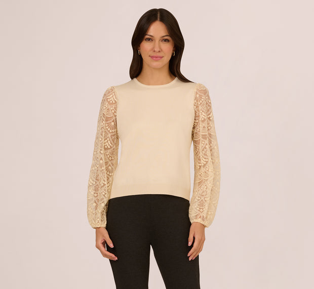 Aidan Mattox Lace Sleeve Crew Neck Sweater In Cream