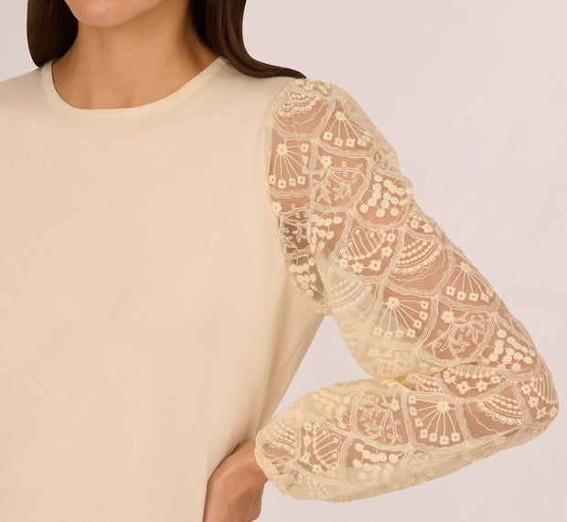 Aidan Mattox Lace Sleeve Crew Neck Sweater In Cream