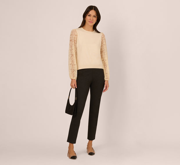 aidan mattox Lace Sleeve Crew Neck Sweater In Cream