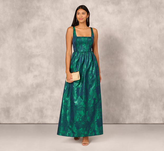 Aidan Mattox Lame Satin Jacquard Gown With Square Neckline In Dark Ivy