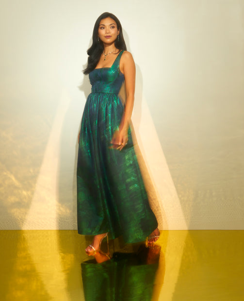 aidan mattox Lame Satin Jacquard Gown With Square Neckline In Dark Ivy