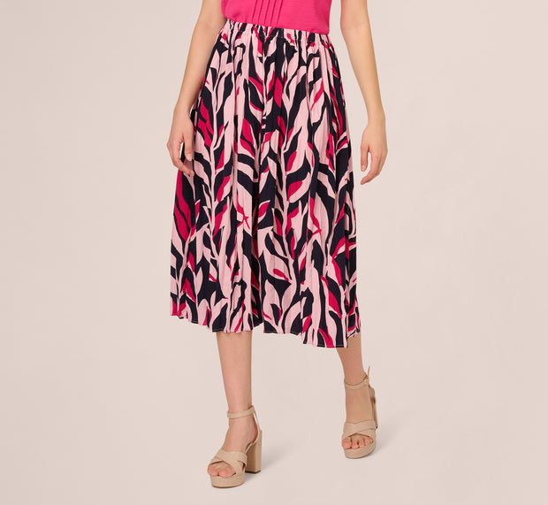 Aidan Mattox Leaf Print A Line Midi Skirt In Navy Leaf Vine