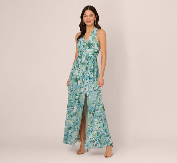 Aidan Mattox Leaf Print Chiffon Shirred Gown With Halter Neckline In Slate