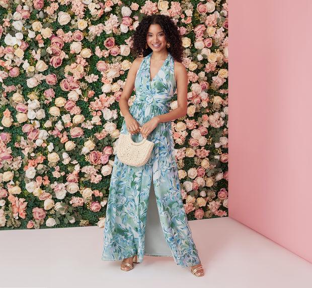 aidan mattox Leaf Print Chiffon Shirred Gown With Halter Neckline In Slate