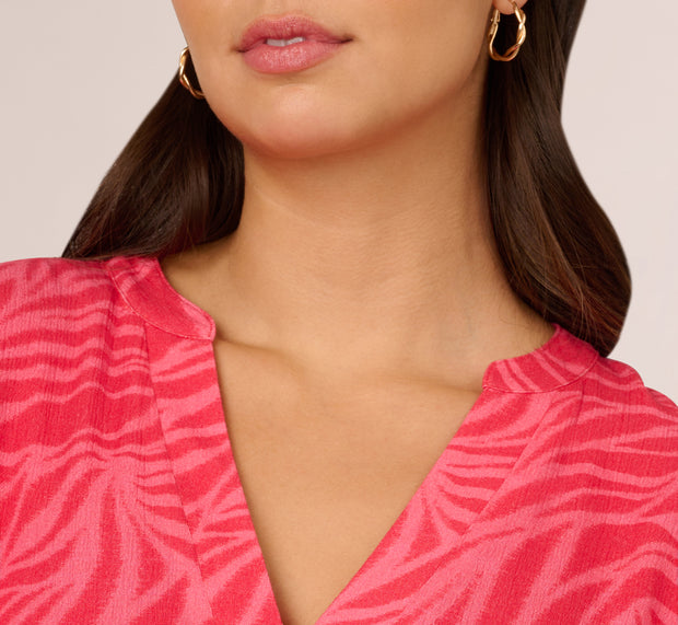 Aidan Mattox Leaf Print Tiered Shift Dress With Long Bell Sleeves In Pink Multi