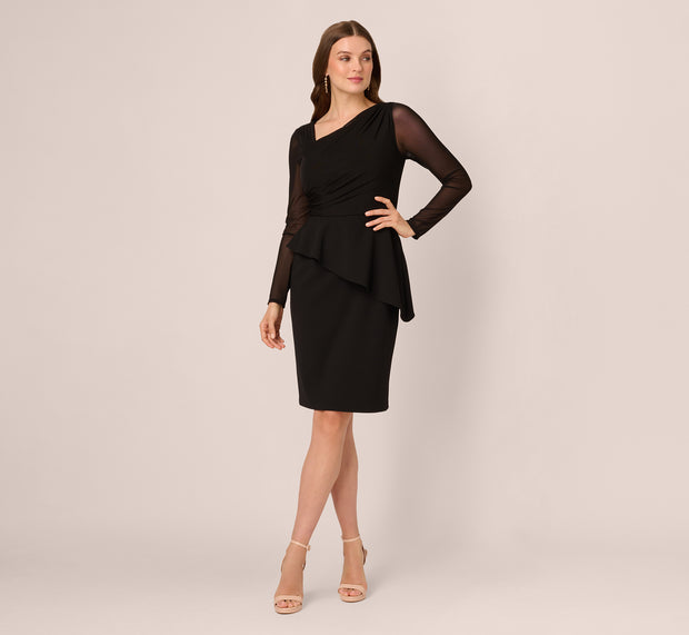 Aidan Mattox Long Sleeve Asymmetrical Peplum Sheath Dress In Black