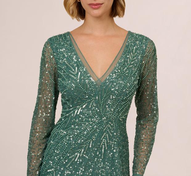 Aidan Mattox Long Sleeve Beaded Full Length Dress In Green Slate