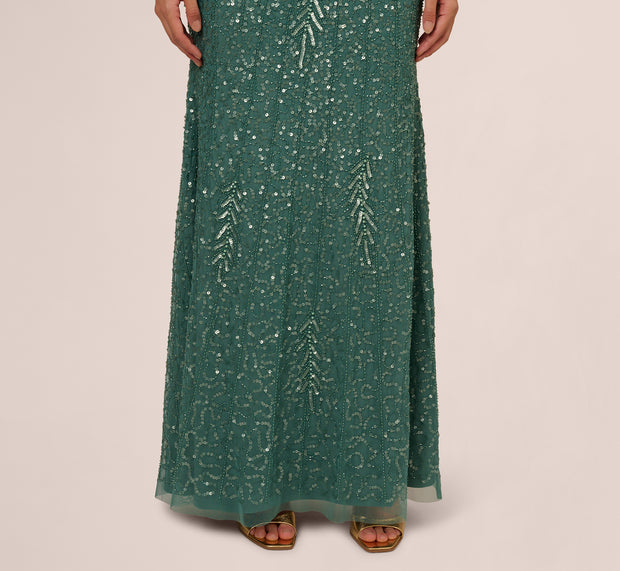 Aidan Mattox Long Sleeve Beaded Full Length Dress In Green Slate