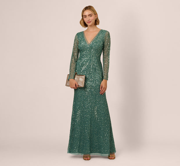 aidan mattox Long Sleeve Beaded Full Length Dress In Green Slate