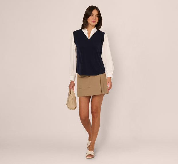 Aidan Mattox Long Sleeve Collared Sweater Vest Twofer Top In Navy Ivory