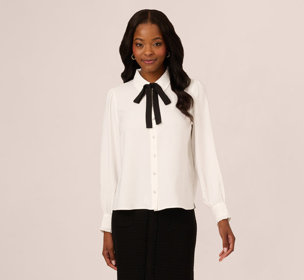 Aidan Mattox Long Sleeve Collared Tie Neck Blouse In Ivory Black