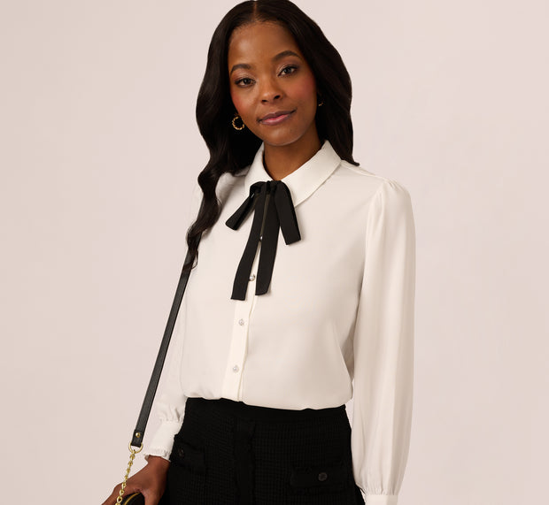 aidan mattox Long Sleeve Collared Tie Neck Blouse In Ivory Black