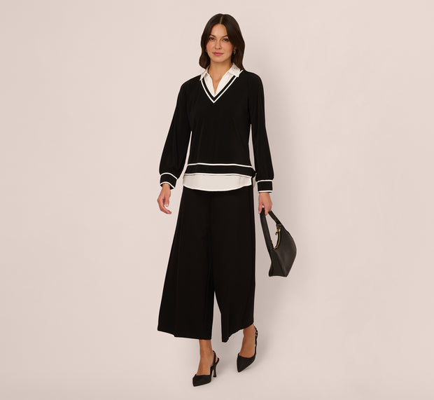 Aidan Mattox Long Sleeve Collared Twofer Tipped Sweater In Black Ivory W Ivory