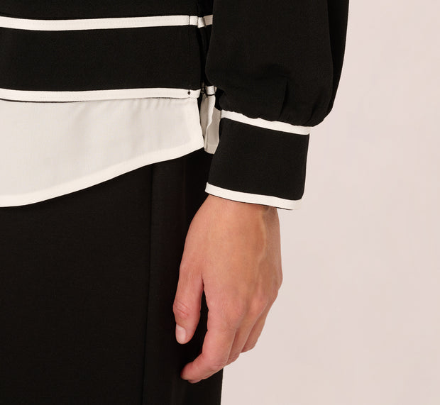 Aidan Mattox Long Sleeve Collared Twofer Tipped Sweater In Black Ivory W Ivory