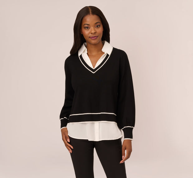 Aidan Mattox Long Sleeve Contrast Tipped Collared Twofer Sweater In Black Ivory W I