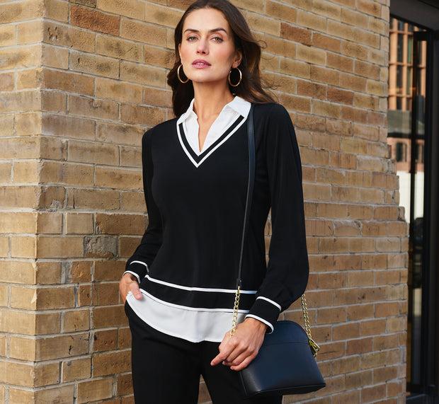 aidan mattox Long Sleeve Contrast Tipped Collared Twofer Sweater In Black Ivory W I