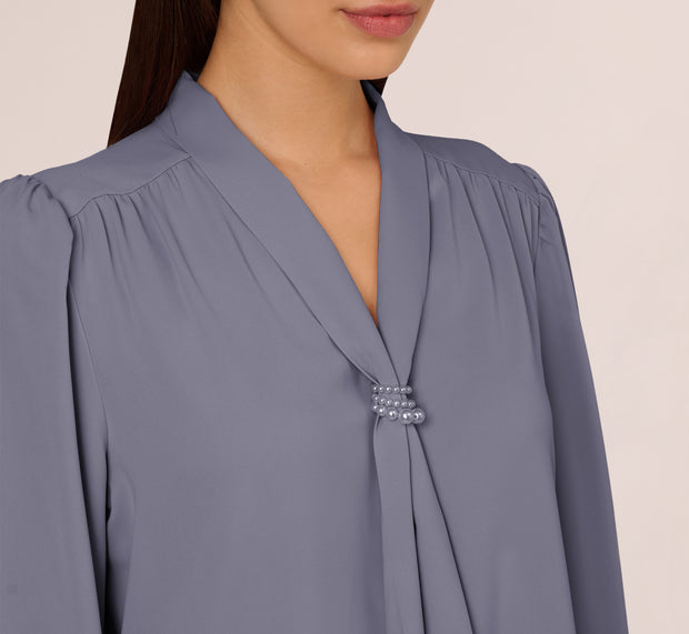 Aidan Mattox Long Sleeve Embellished Tie Collar Blouse In Dusty Blue