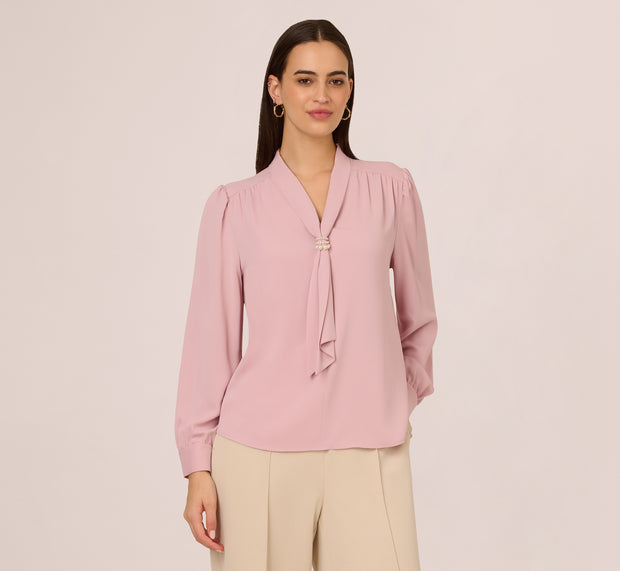 Aidan Mattox Long Sleeve Embellished Tie Collar Blouse In Lavender Beach