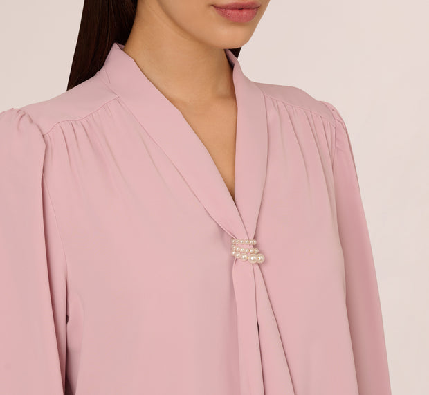 Aidan Mattox Long Sleeve Embellished Tie Collar Blouse In Lavender Beach