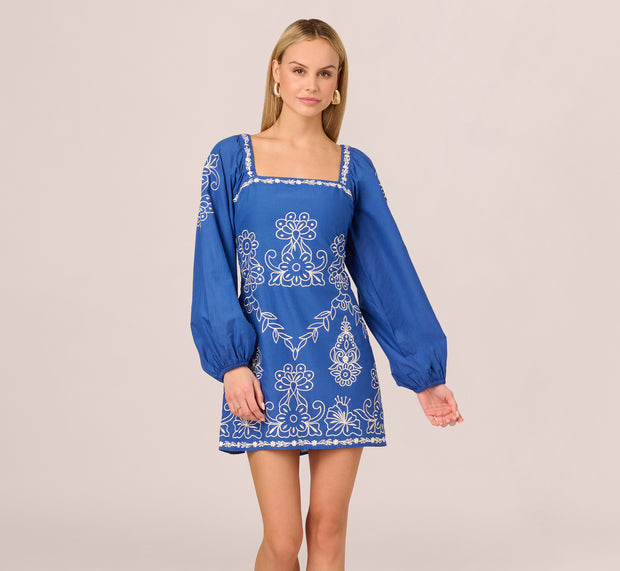 Aidan Mattox Long Sleeve Embroidered Cotton Mini Dress In Blue White