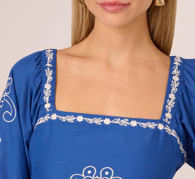 Aidan Mattox Long Sleeve Embroidered Cotton Mini Dress In Blue White