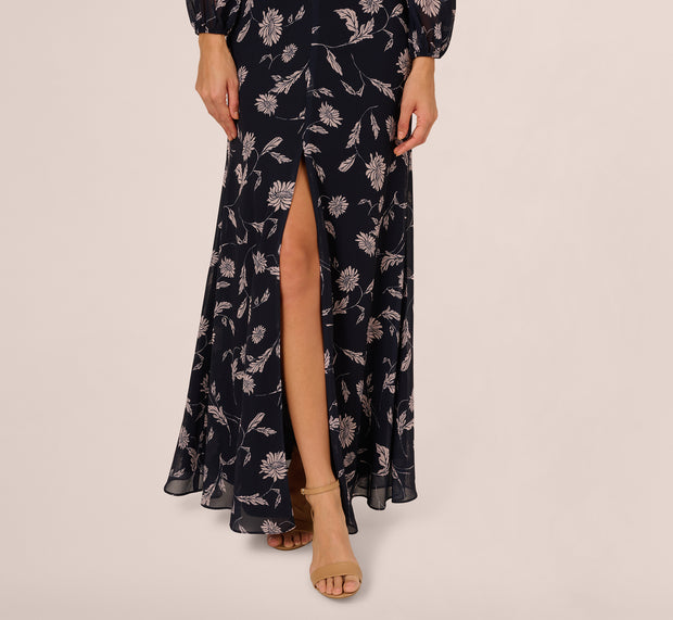Aidan Mattox Long Sleeve Floral Chiffon Maxi Dress In Navy Blush