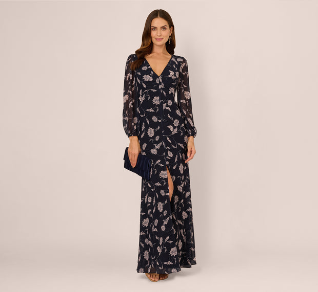 aidan mattox Long Sleeve Floral Chiffon Maxi Dress In Navy Blush