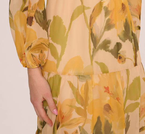 Aidan Mattox Long Sleeve Floral Organza Midi Dress In Ecru Yellow Multi