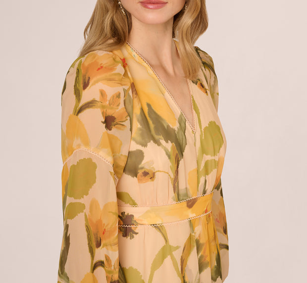 Aidan Mattox Long Sleeve Floral Organza Midi Dress In Ecru Yellow Multi