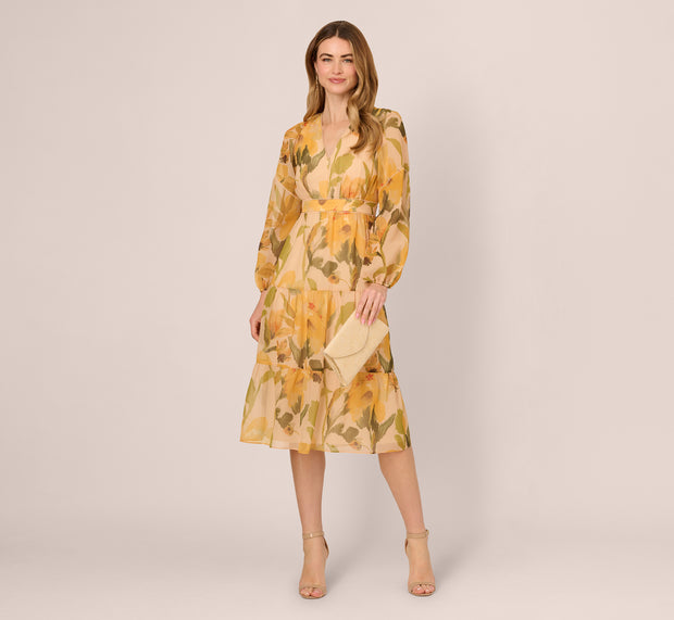 aidan mattox Long Sleeve Floral Organza Midi Dress In Ecru Yellow Multi