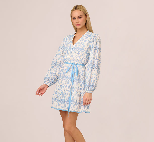 Aidan Mattox Long Sleeve Flounce Eyelet Shirt Dress In Light Blue Ivory