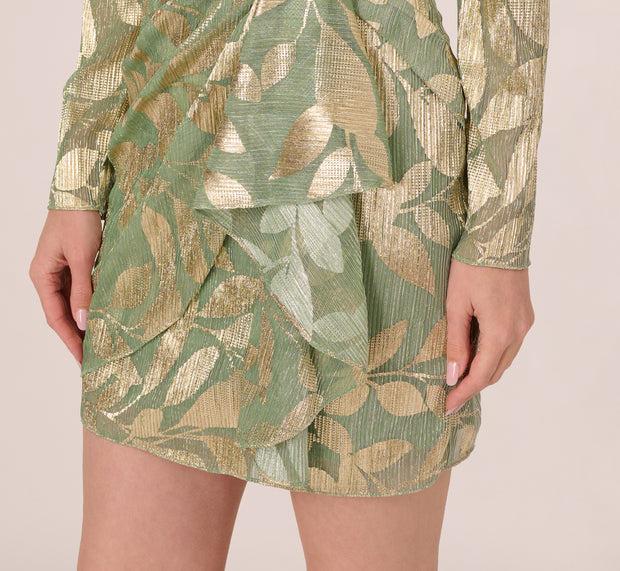 Aidan Mattox Long Sleeve Foil Short Wrap Dress In Sage Gold
