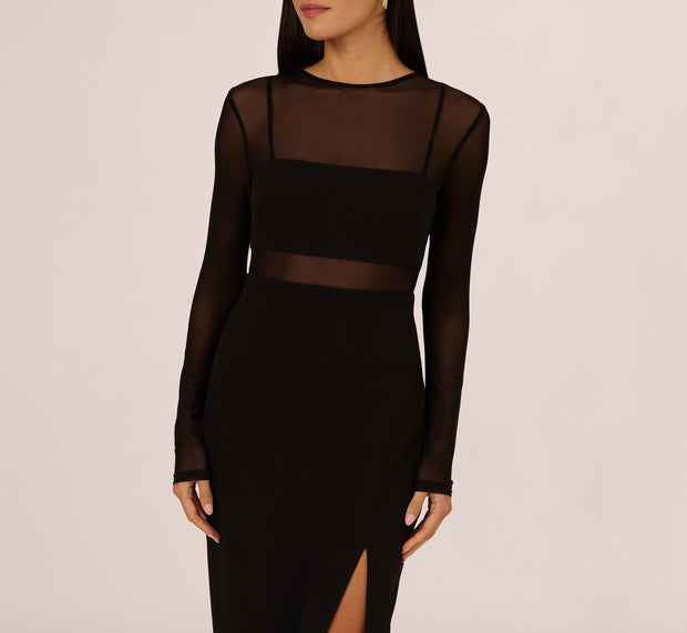 Aidan Mattox Long Sleeve Knit Crepe Mesh Illusion Column Dress In Black