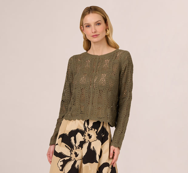 Aidan Mattox Long Sleeve Open Crochet Sweater In Olivine