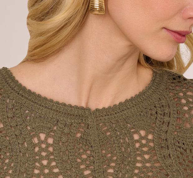 Aidan Mattox Long Sleeve Open Crochet Sweater In Olivine