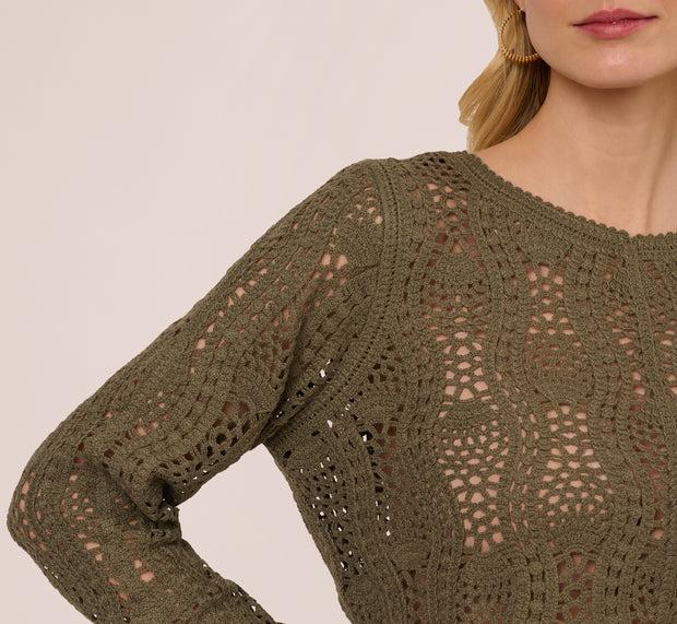 Aidan Mattox Long Sleeve Open Crochet Sweater In Olivine