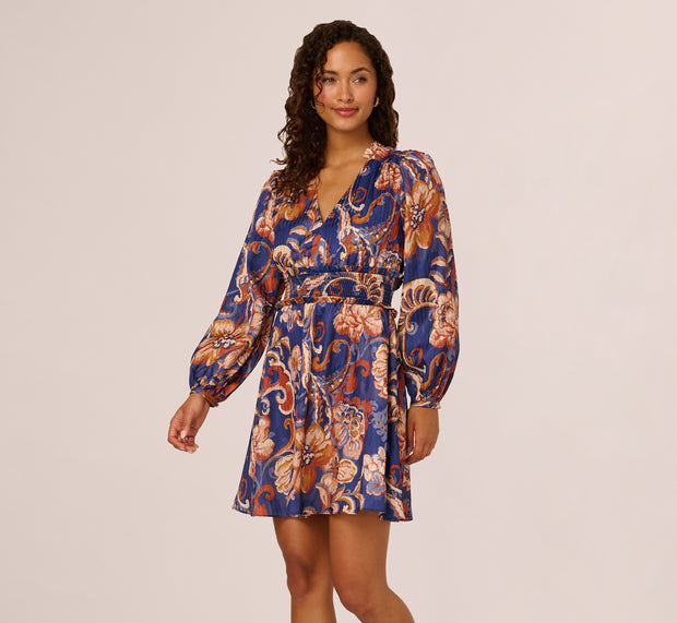 Aidan Mattox Long Sleeve Paisley Stripe Short Dress In Blue Multi