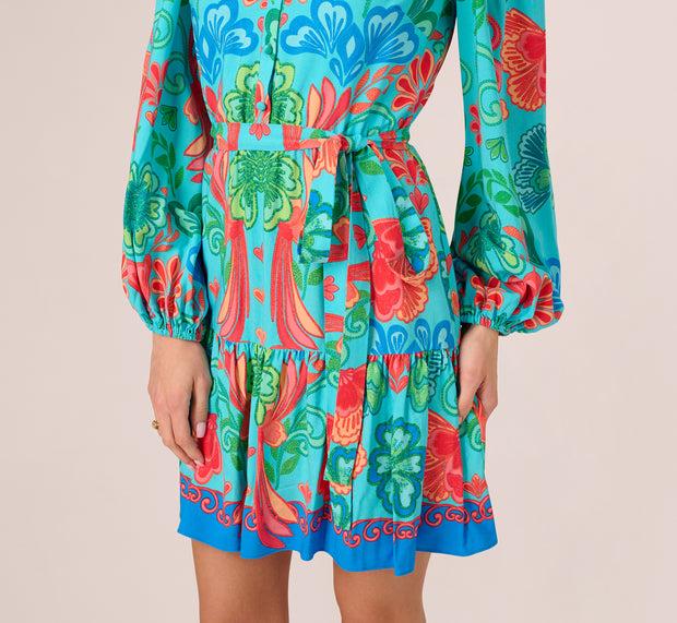 Aidan Mattox Long Sleeve Printed Flounce Dress In Blue Multi