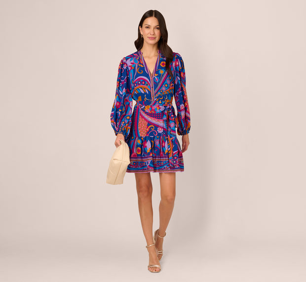 Aidan Mattox Long Sleeve Retro Printed A Line Dress In Blue Multi