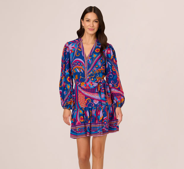 Aidan Mattox Long Sleeve Retro Printed A Line Dress In Blue Multi