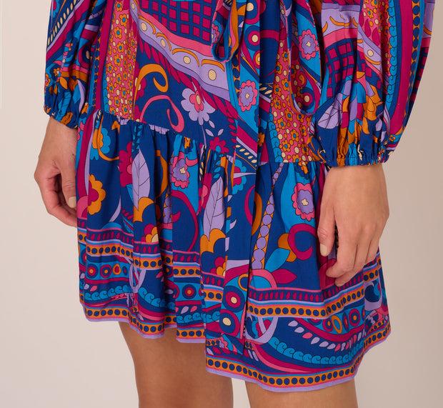 Aidan Mattox Long Sleeve Retro Printed A Line Dress In Blue Multi