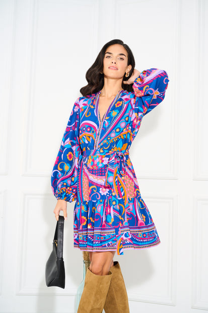 aidan mattox Long Sleeve Retro Printed A Line Dress In Blue Multi