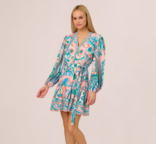 Aidan Mattox Long Sleeve Retro Printed A Line Dress In Peach Multi