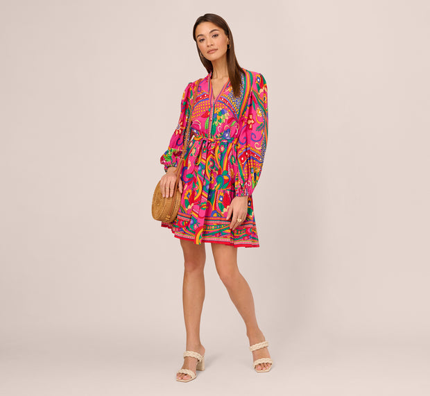 Aidan Mattox Long Sleeve Retro Printed A Line Dress In Pink Multi