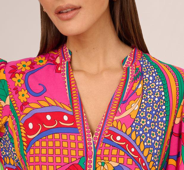 Aidan Mattox Long Sleeve Retro Printed A Line Dress In Pink Multi