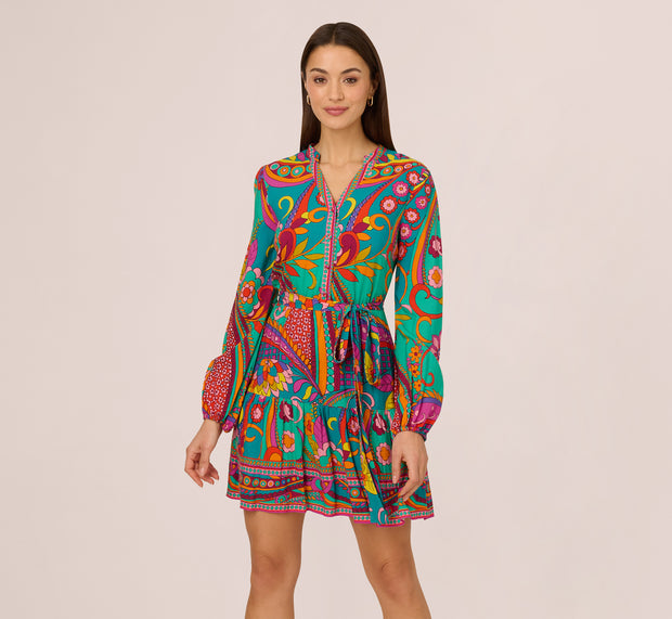 Aidan Mattox Long Sleeve Retro Printed A Line Dress In Teal Multi