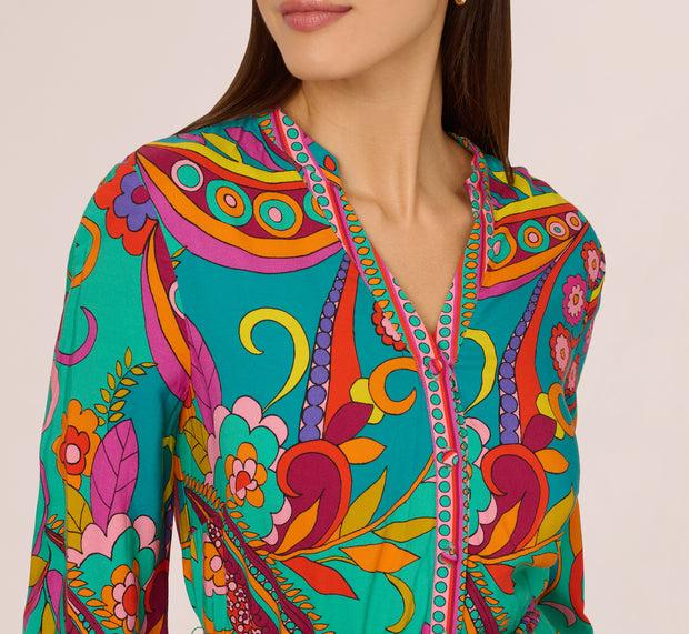 Aidan Mattox Long Sleeve Retro Printed A Line Dress In Teal Multi