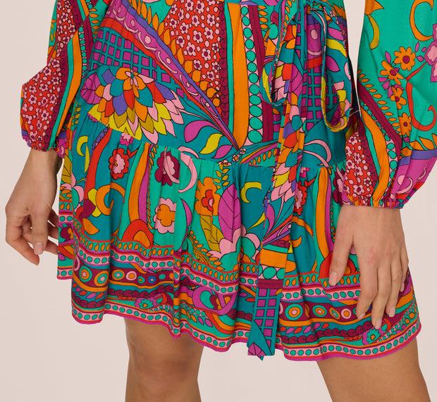 Aidan Mattox Long Sleeve Retro Printed A Line Dress In Teal Multi