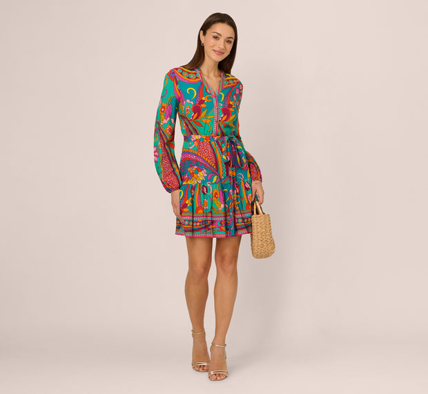 aidan mattox Long Sleeve Retro Printed A Line Dress In Teal Multi